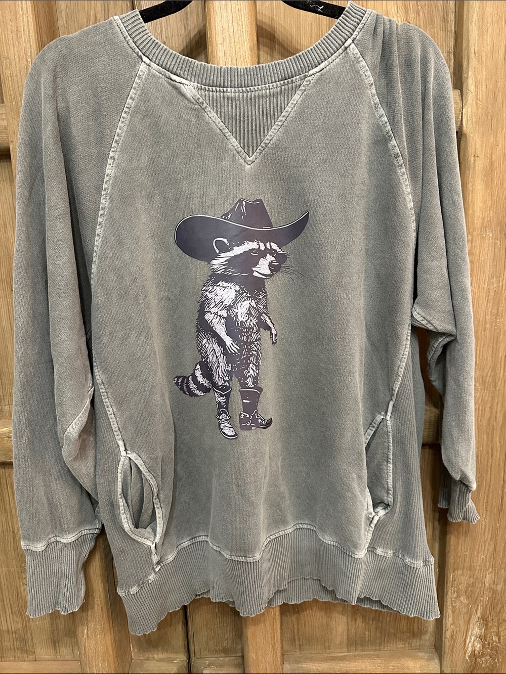 Gray Graphic Pullover sweatshirt with Raccoon Cowboy Print